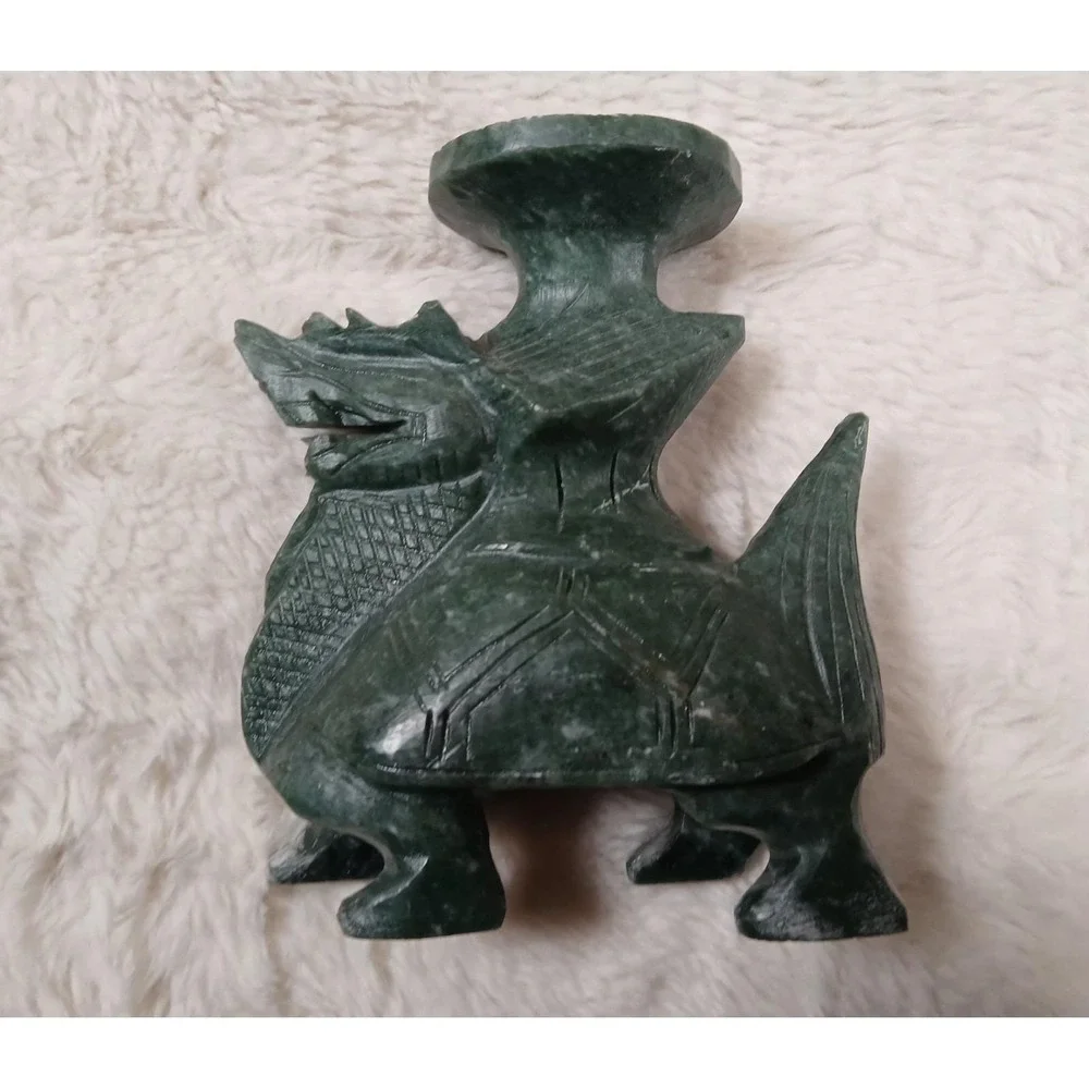 Vintage Chinese Hand-Carved Green Stone Dragon Turtle Candle Holder /‎ Incens